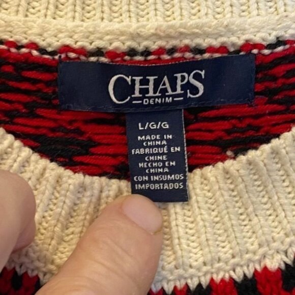 Chaps Womens Sweater L Nordic Fair Isle Ivory Red Black Cotton Blend - Picture 3 of 9